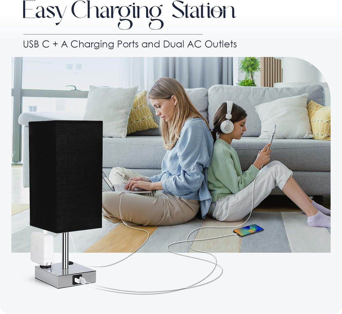Bedside Table Lamp for Bedroom - Touch Small Lamp with USB C+A Charging Ports & AC Outlets, 3 Way Dimmable Nightstand Light for Living Room (LED Bulb Included, Grey)
