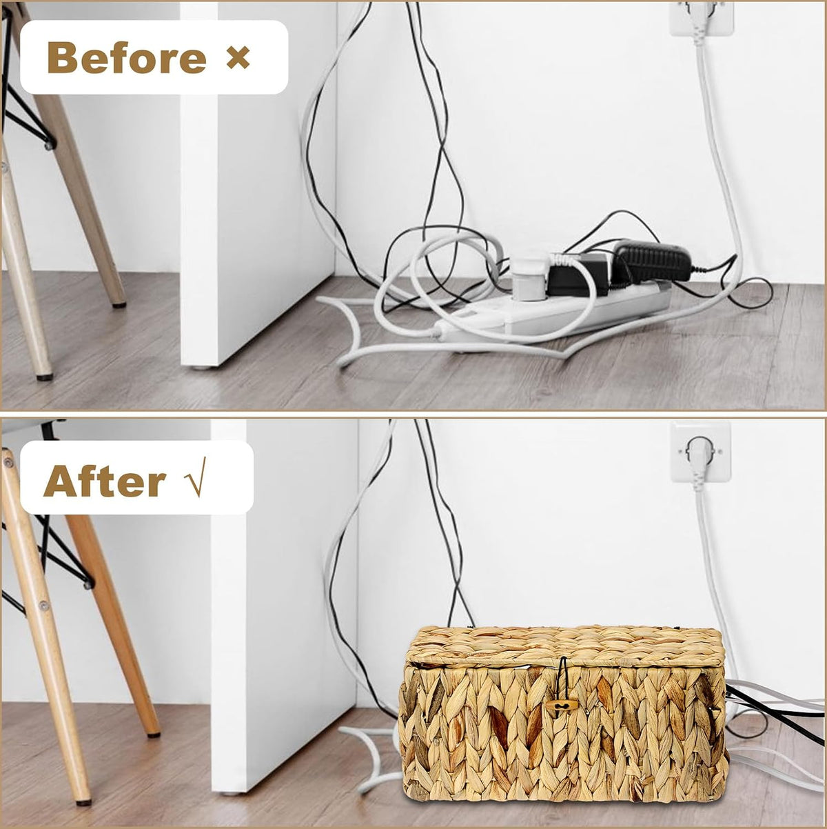 BTSKY Woven Cable Management Box with Lid Water Hyacinth Cord Organizer, S