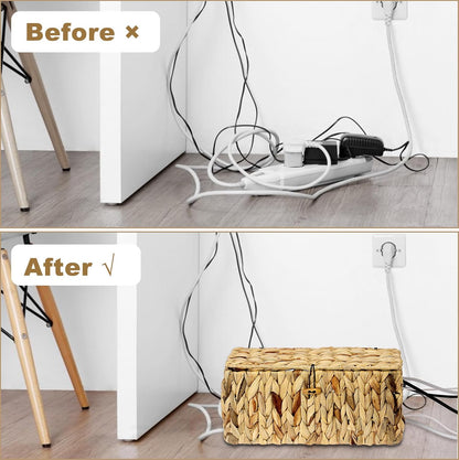 BTSKY Woven Cable Management Box with Lid Water Hyacinth Cord Organizer, S