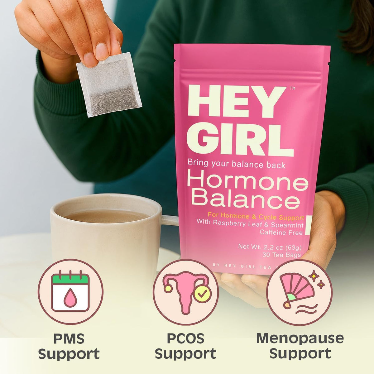 Hey Girl Hormone Balance Tea for Women, Spearmint & Red Raspberry Leaf with Chamomile & Ginger - Herbal PCOS Tea, Perimenopause, Cycle & PMS Support, Caffeine Free, 30 Tea Bags