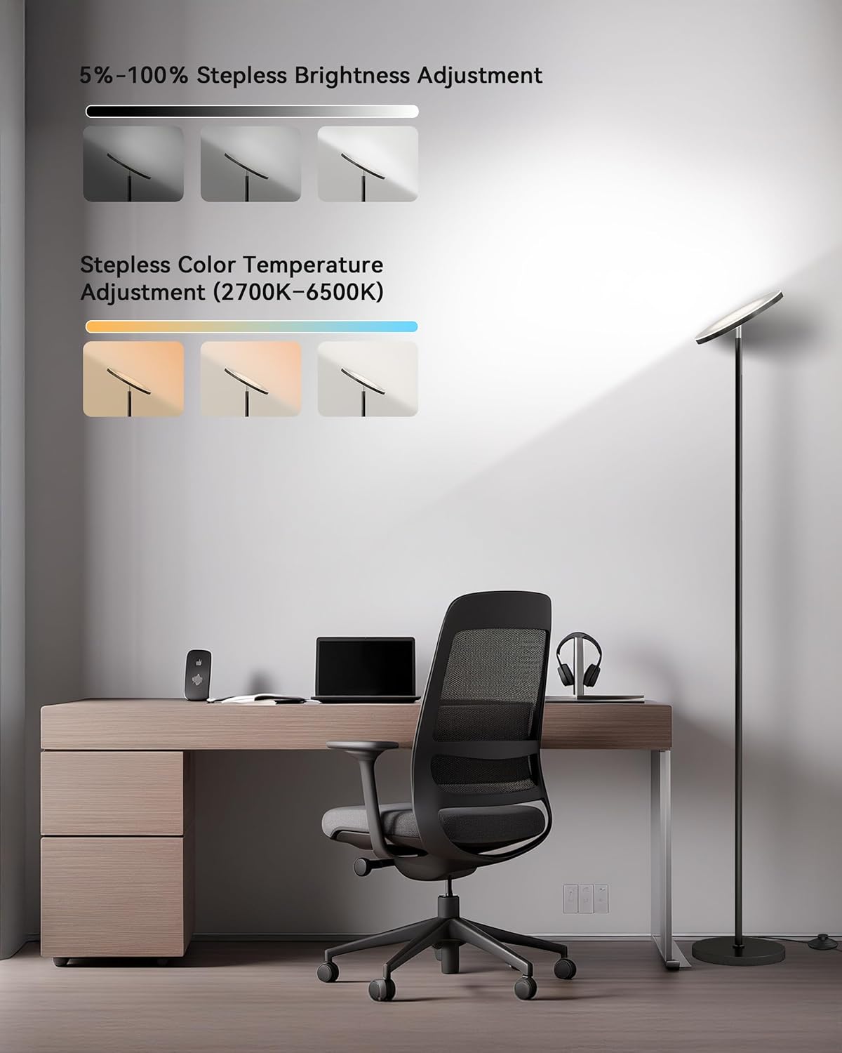 JOOFO Floor Lamp,30W/2400LM Sky LED Modern Torchiere 3 Color Temperatures Super Bright-Tall Standing Pole Light with Remote & Touch Control for Living Room,Bed Room,Office (Black)