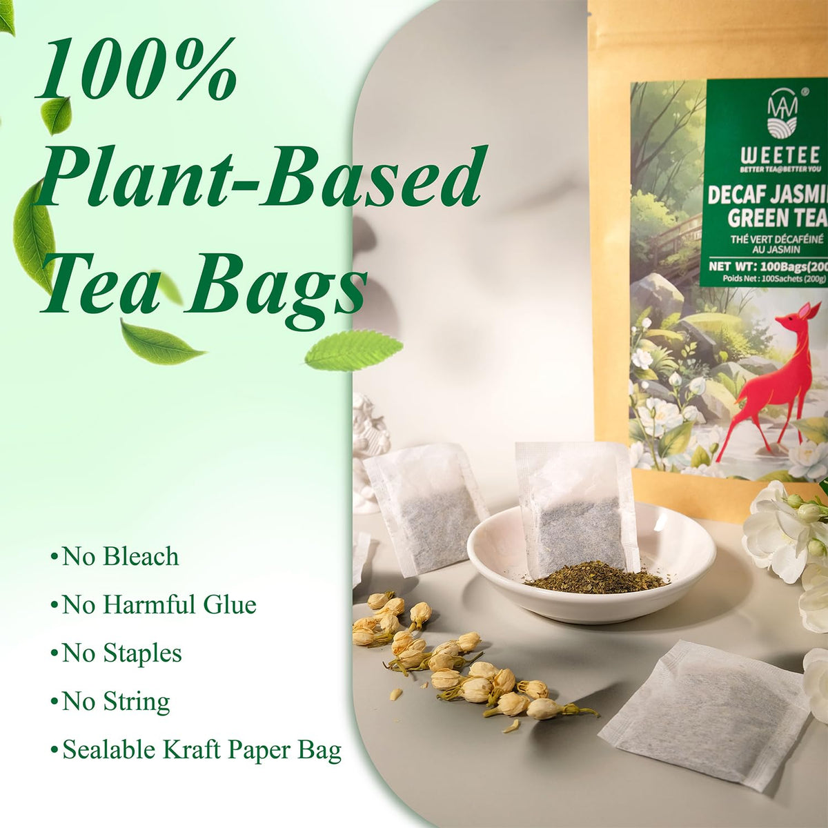 WT WEETEE Decaf Jasmine Green Tea Bags 100 Count, Natural CO2 Decaffeinated