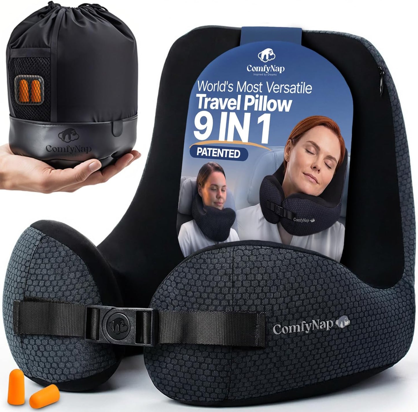 ComfyNap® Versatile Travel Neck Pillow for Airplane [Patented], 9 Positions in 3 Techniques, Plane Pillow with Pure Memory Foam, Travel Pillow with HeadRest Flight Sleep, Travel Essential - Mercury