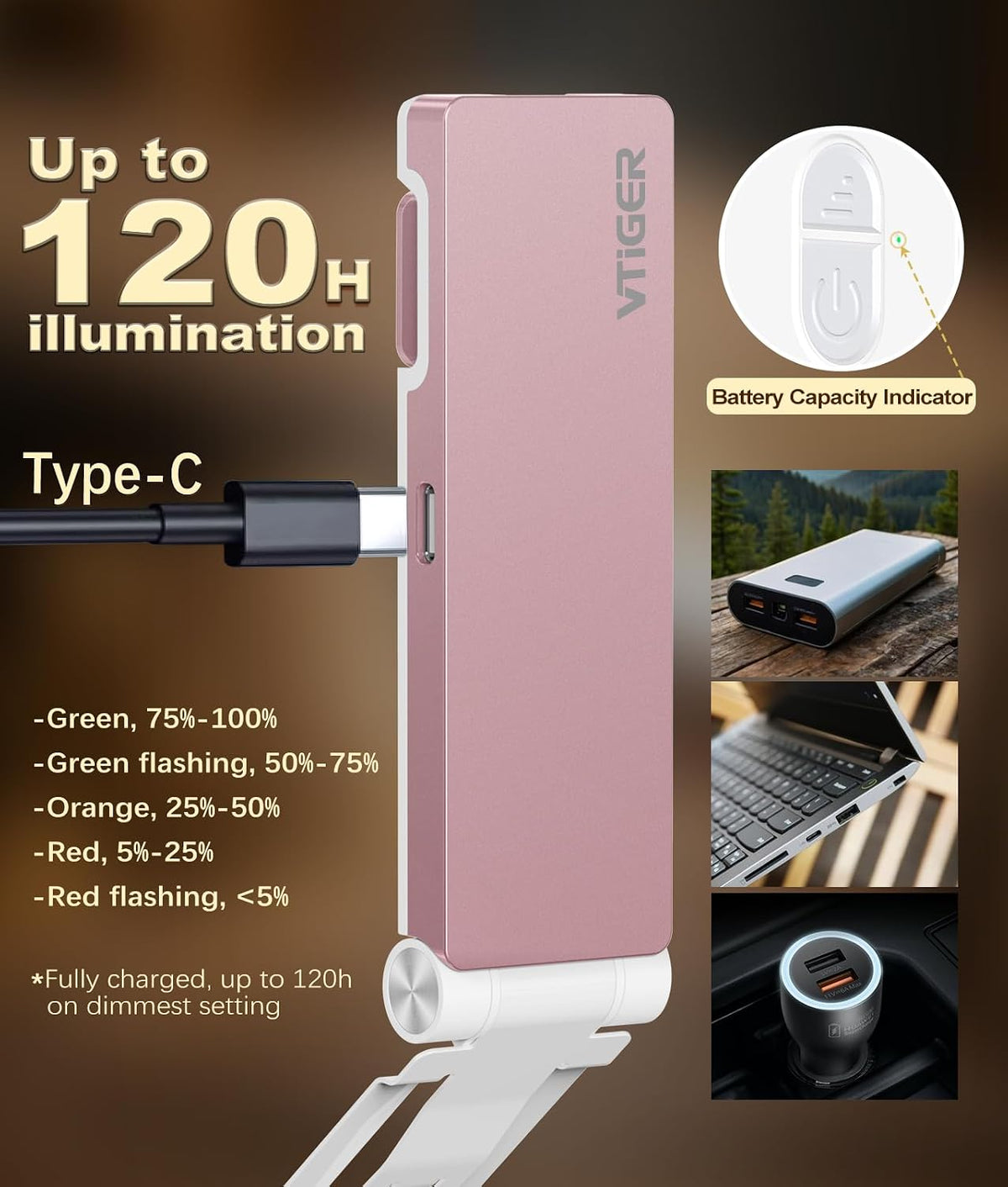 VTIGER Reading Light, USB Rechargeable Book Light for Reading in Bed,Foldable Clip-on LED Booklight, 3 Amber Colors & 4 Brightness Dimmable,Long Lasting Portable Bookmark Lamp for Book Lovers, Kids