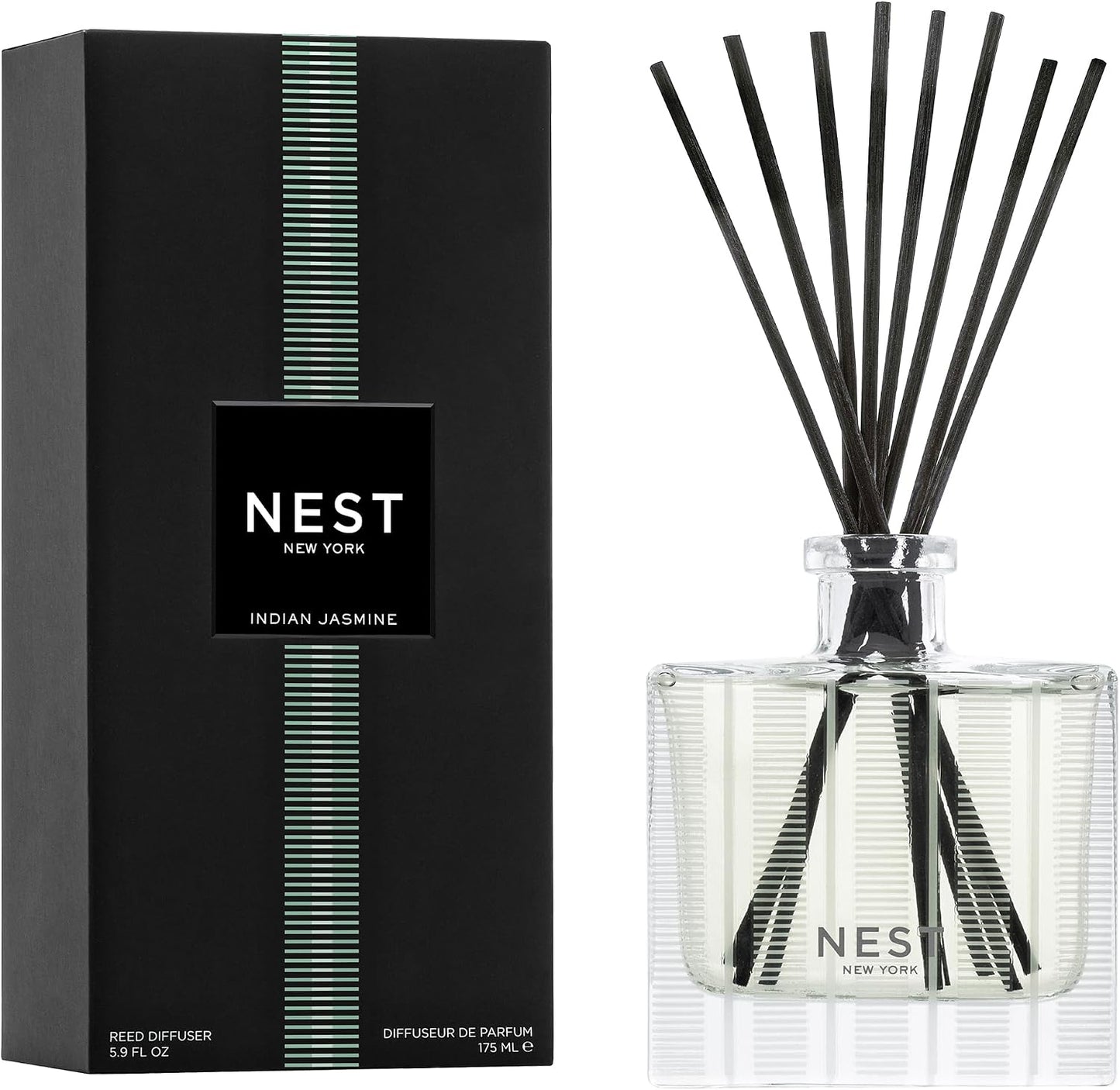 NEST New York Reed Diffuser, Bamboo - 5.9 fl oz - Fragrance for Up to 90 Days - Reusable, Refillable Glass Holder - Includes 8 All-Natural Reed Sticks - Flame Free