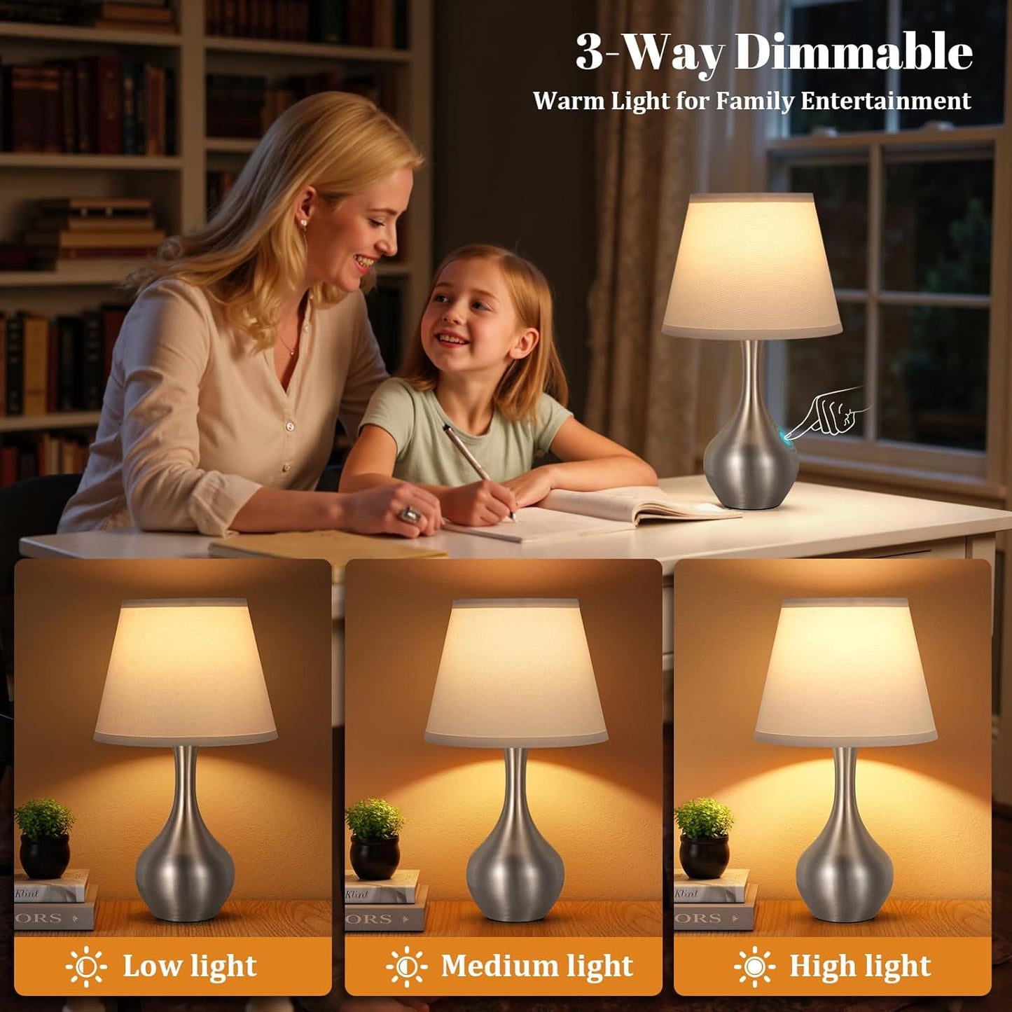 Seealle 16.1" Touch Table Lamps for Nightstand, 3-Way Dimmable Small Bedroom Lamps for Night Stands, Black Bedside Lamps for Living Room, Kids Room, End Table