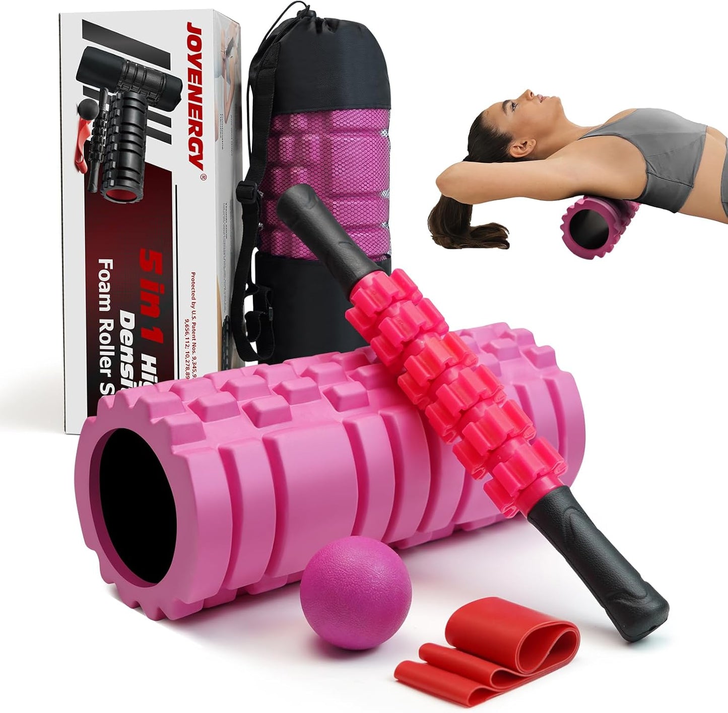 JOYENERGY 5 in 1 Foam Roller Set, Trigger Point Foam Roller Patented, Massage Roller Stick, Massage Ball, Stretching Strap for Deep Tissue Massager for Muscle Pilates Yoga Whole Body