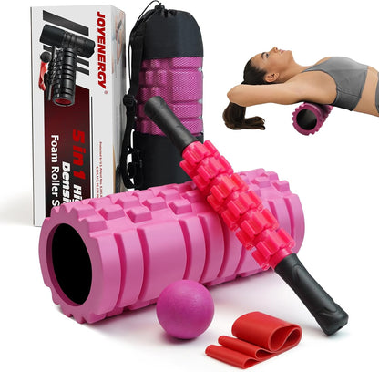 JOYENERGY 5 in 1 Foam Roller Set, Trigger Point Foam Roller Patented, Massage Roller Stick, Massage Ball, Stretching Strap for Deep Tissue Massager for Muscle Pilates Yoga Whole Body