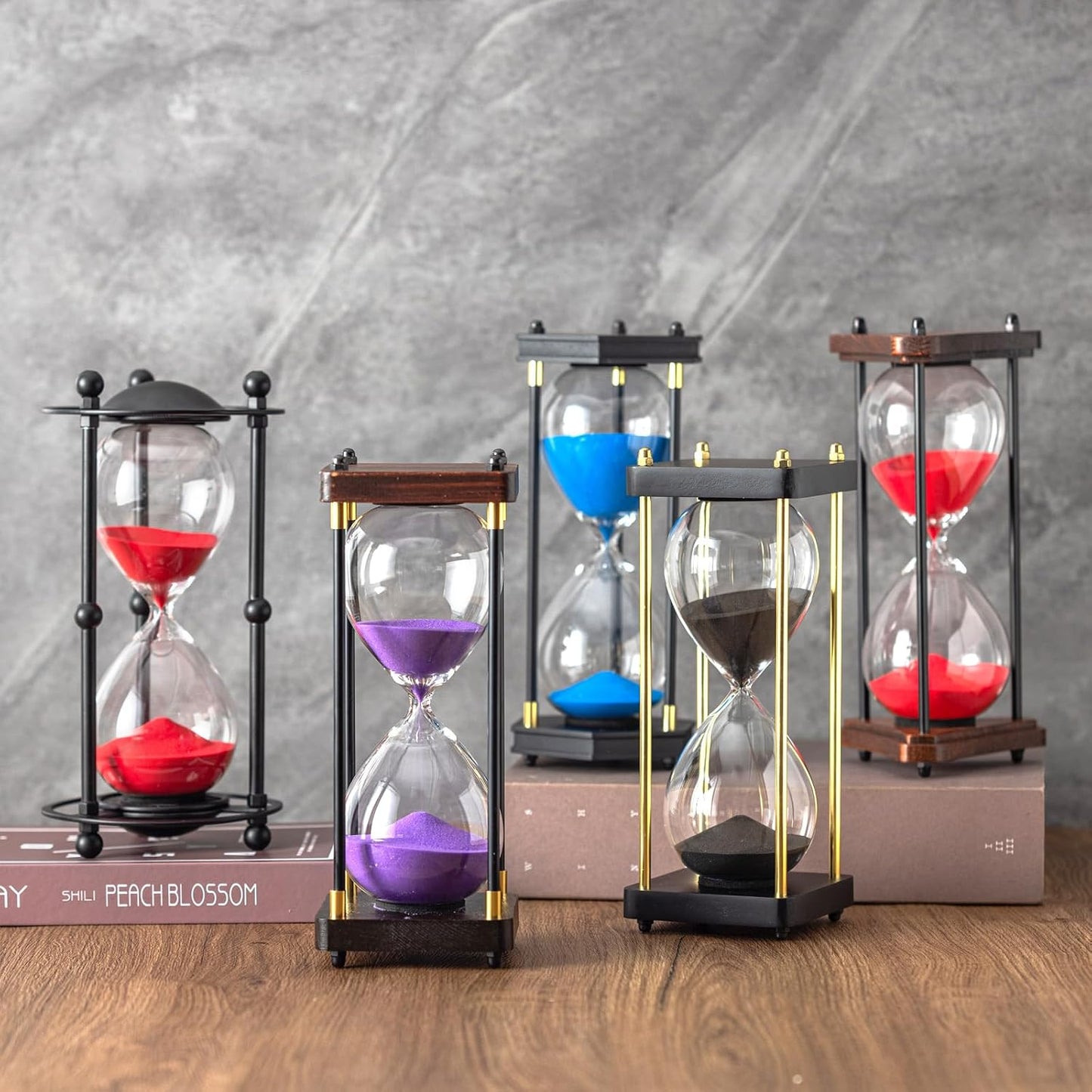 Hourglass Timer 60 Minute, Triangle Wooden Frame Decorative Sand Timer (Black Sand, Large Size)