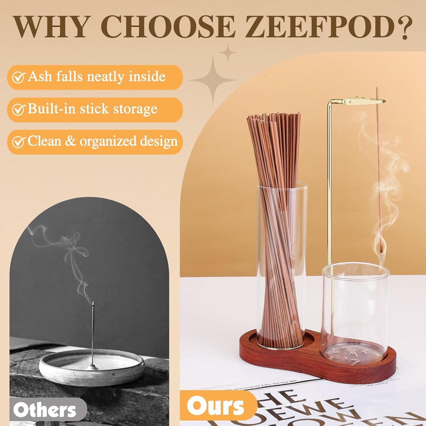 2 in 1 Incense Holder for Sticks with Glass Ash Catcher, Upside Down Anti-Ash Incense Stick Burner, Modern Vertical Incense Holder for Yoga, Spa, Meditation and Home Decor （Black）
