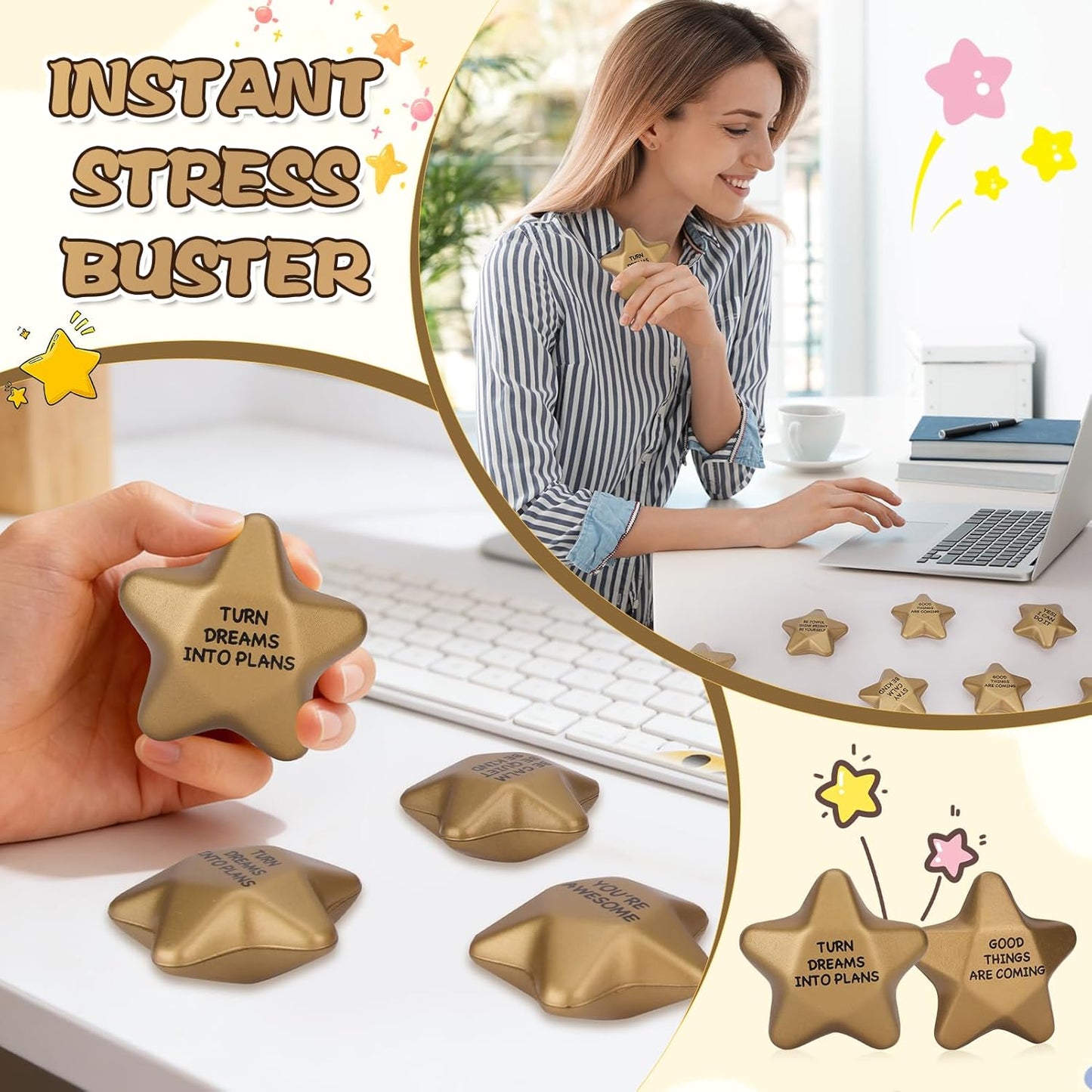 SHQDD 48PCS Stress Balls, Star Stress Balls for Adults & Kids - Motivational Quotes Soft Foam Stress Relief Squeeze Toys, Office Classroom Stress Relief Gifts, Student Prizes (Motivational, 2.16 Inch)