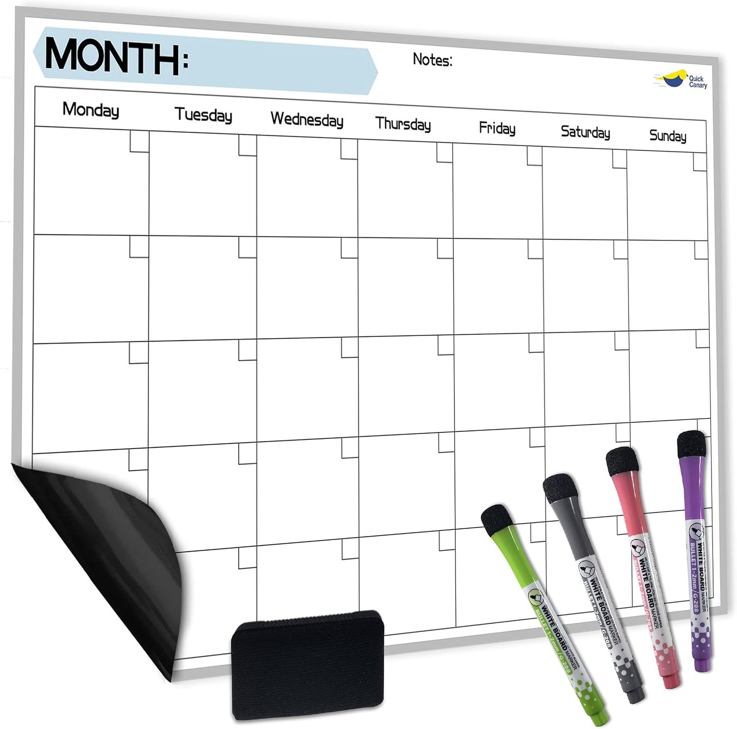 Monthly Magnetic Calendar for Refrigerator - 17x12” Stain-Resistant Dry Erase Fridge Calendar Whiteboard with Large Writing Space for Schedules, Chores & Meals - With 4 Markers & Eraser - Sunday Start