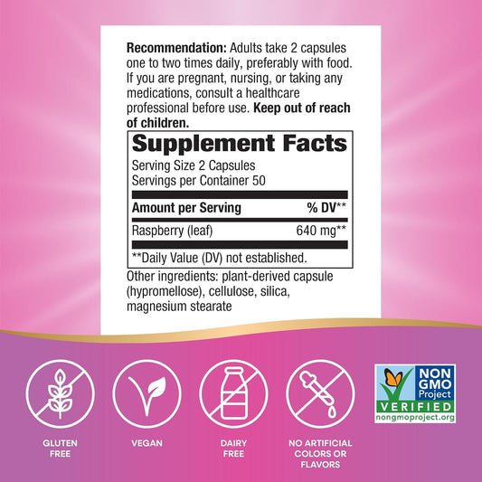 Nature's Way Raspberry Leaf - Traditional Women’s Wellness Supplement for Plant-Based Support* - Traditional Herbal Supplement - Vegan, Gluten-Free & Dairy-Free - 100 Count (50 Servings)