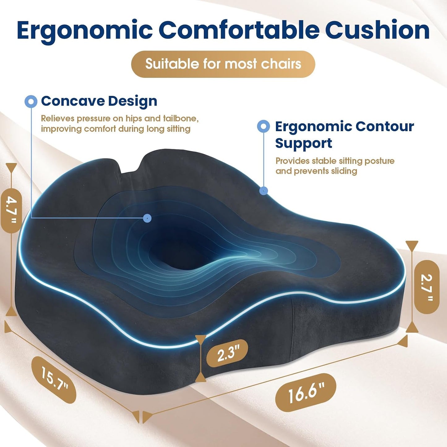 Ergonomic Seat Cushion for Office Chair, Memory Foam Coccyx Cushion for Tailbone Pain Relief, Non-Slip Washable Cover, Pressure Relief Chair Pad for Office, Car, Wheelchair & Home Black