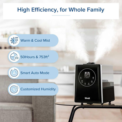 LEVOIT Humidifiers for Bedroom Home, Smart Warm and Cool Mist Air Humidifier for Large Room, Auto Customized Humidity, Fast Symptom Relief, Easy Top Fill, Essential Oil, Quiet, OasisMist4.5L, White