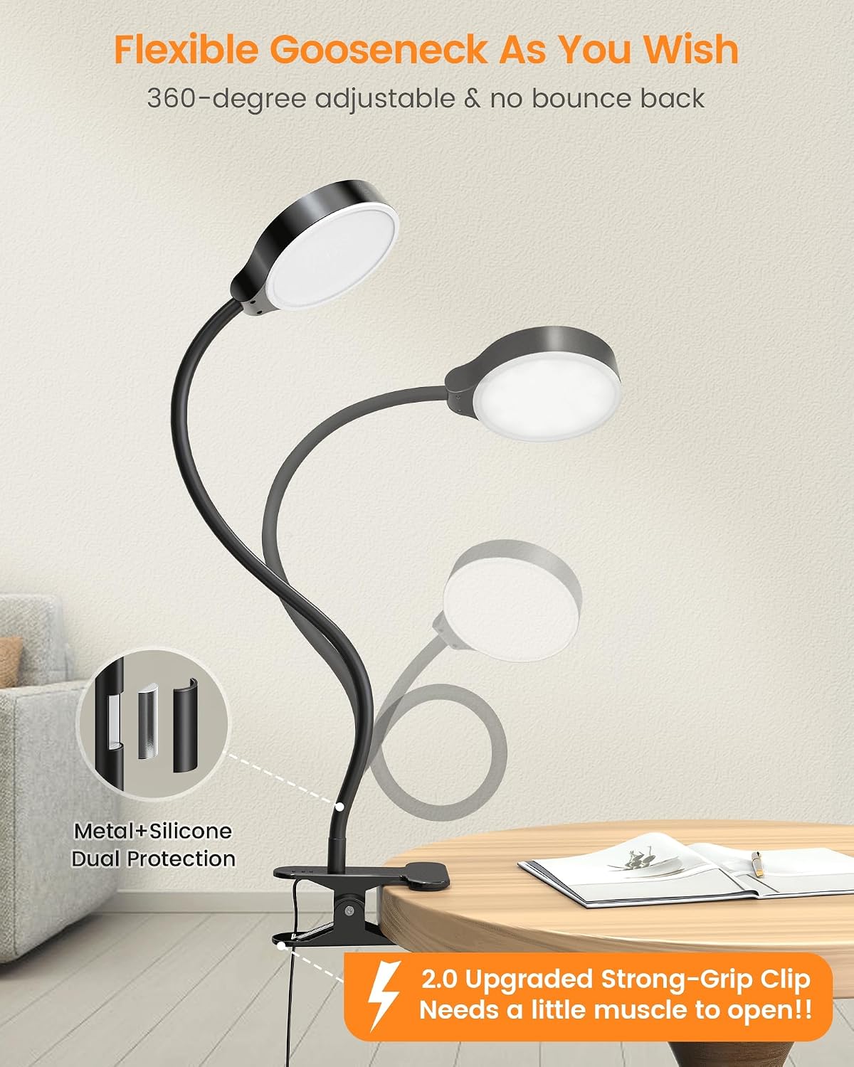 Glocusent 5W Clip on Light, 36 LED Eye Caring Reading Light for Bed, 3 Colors & 5 Brightness Clip on Lamp with Adapter, Perfect Desk Lamp with Clamp/Bunk Bed/Headboard/Table