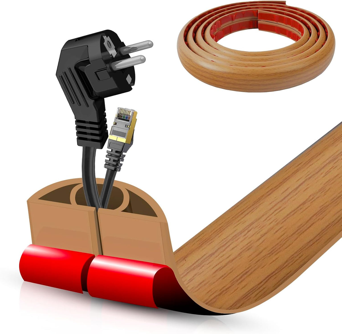 Floor Cord Cover Self Adhesive Cord Hider,10FT Cable Management, Extension Strip Protector for Wires, Prevent Cable Trips for Offices, Gyms, Exhibitions Cavity 0.39"(W) x 0.27"(H) BrownWood