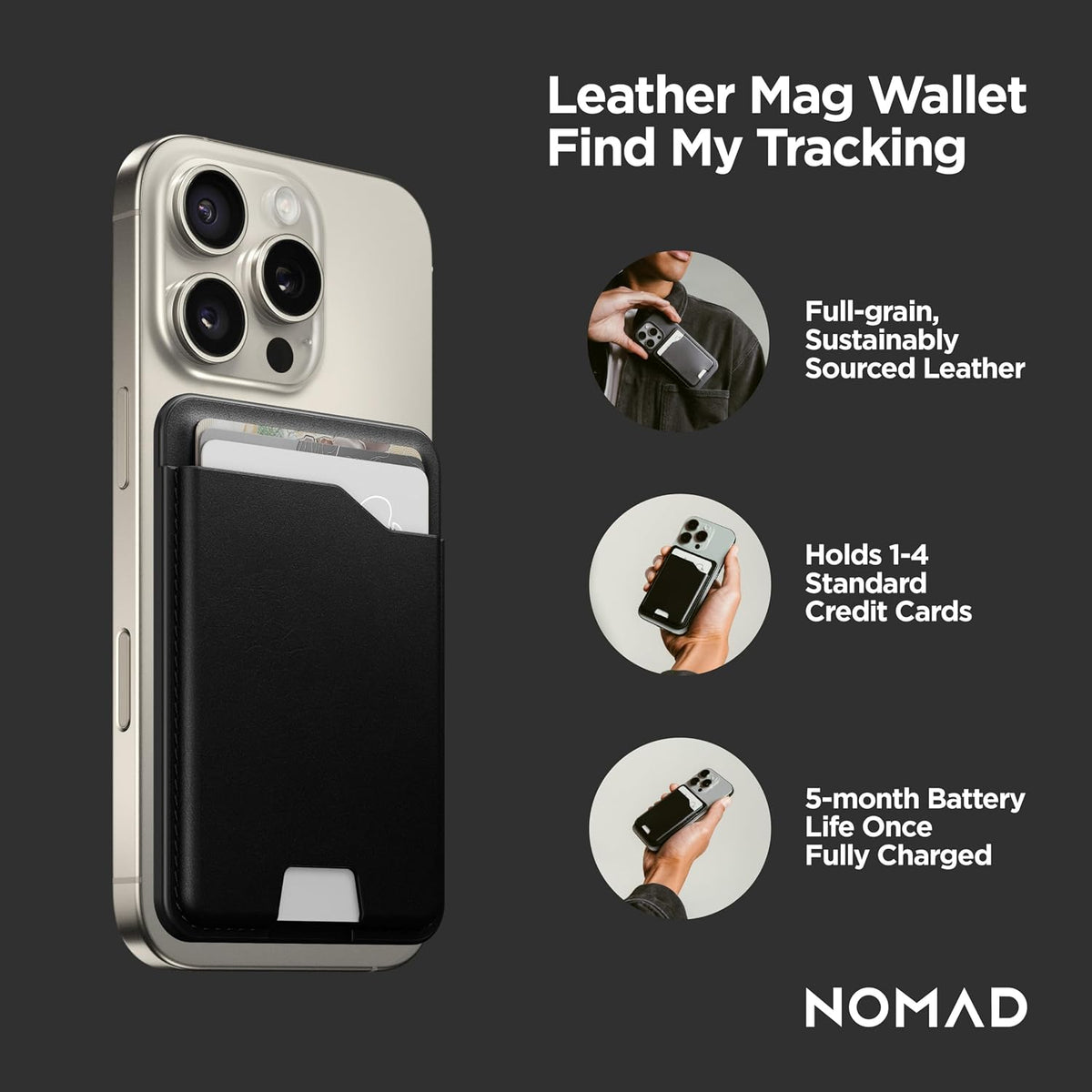 Nomad Leather Black Magsafe Wallet w/Integrated Tracking for iPhone, Slim Magsafe Card Holder for iPhone, Wallet GPS Tracker Card 5 Months Battery Life, Rechargeable, Compatible with iOS Only