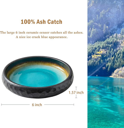 6 Inch Incense Holder with Ash Catcher,Handmade Crack Blue Glaze Ceramic Incense Burner Bowl with 9-Hole Design for Sticks,Cones,Coils Sage,Palo Santo - Perfect for Meditation,Yoga & Zen Home Décor