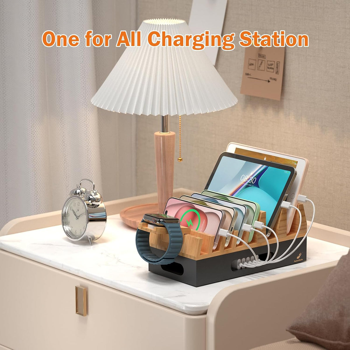 Pezin & Hulin Bamboo Charging Station with 5 Cables-Natural Bamboo
