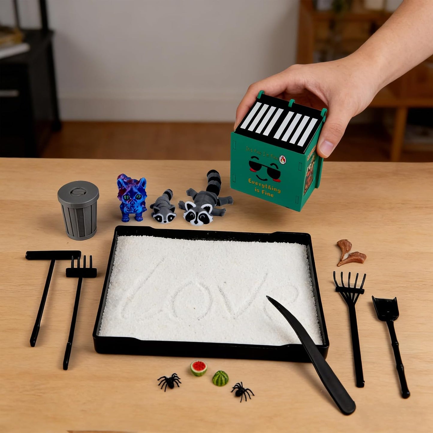 2026 New Dumpster Fire Zen Garden Desktop Kit with Raccoon Figurines - Funny Office Desk Accessory for Stress Relief, White Elephant Gifts, Coworker Gifts - Mini Sand Tray Therapy