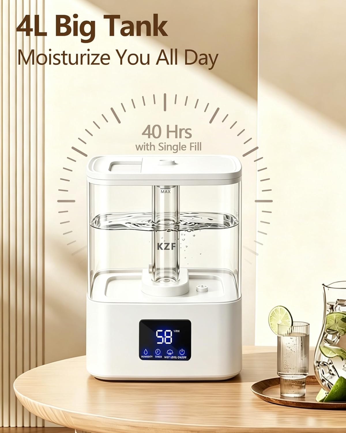 KZF 4L Top Fill Humidifiers for Bedroom & 40H Runtime - Cool Mist Humidifier, 3 Mist Levels, 8H Timer, Essential Oil Tray, Humidity Display, Quiet for Baby, Plants, Large Room (Black, 4, Liters)