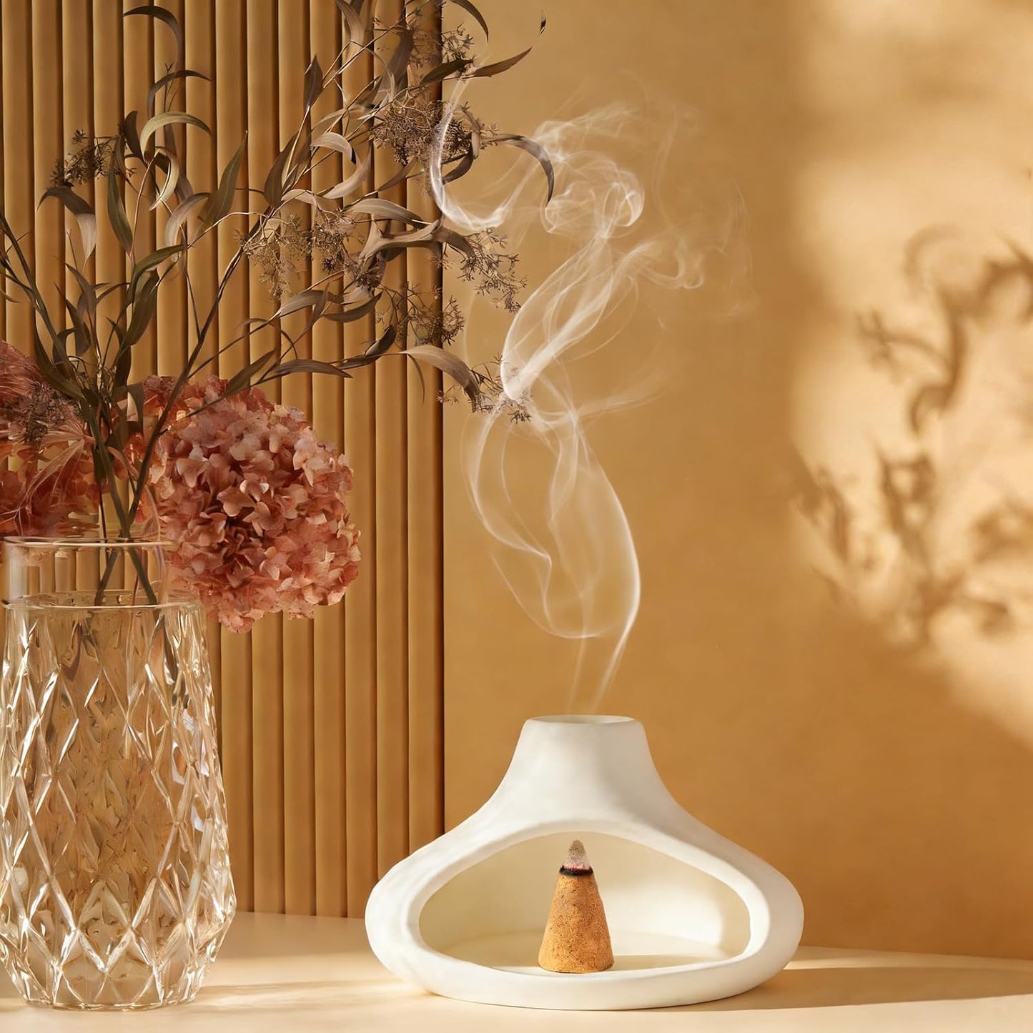 Ceramic Palo Santo Holder with Mini Chimney, Ash Catcher Incense Holder for Palo Santo Sticks, Sage Bundles, Incense Cones, Fireplace Style Smudge Bowl for Meditation, Yoga Home Decor(White)