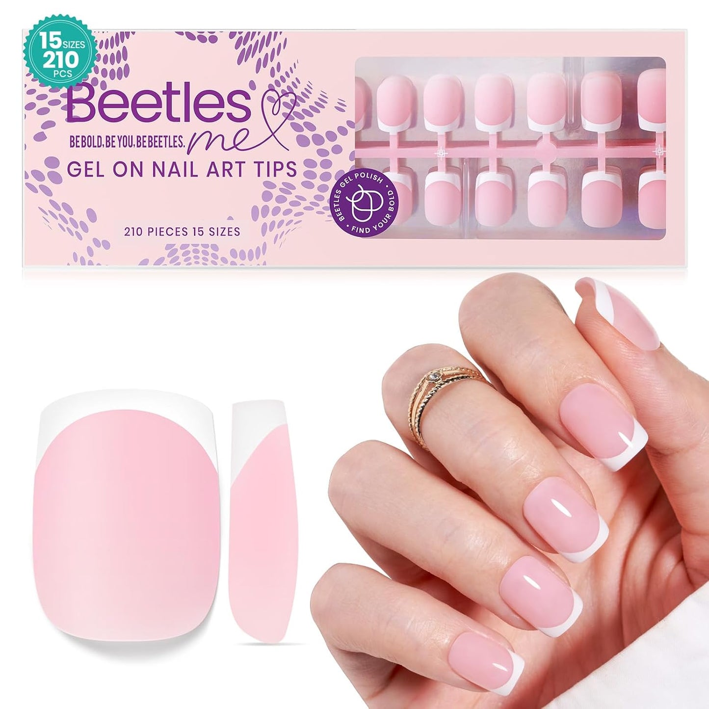 Beetles Press On Nail Kit-Short Square French Tip Press On Nails, 150Pcs Pink French Nail Tips with Nail Glue & Remover Builder Top Coat Nail Lamp, All-in-One DIY Fake Nails Gift for Women
