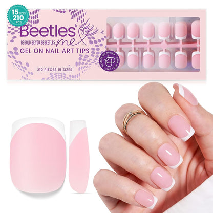 Beetles Press On Nail Kit-Short Square French Tip Press On Nails, 150Pcs Pink French Nail Tips with Nail Glue & Remover Builder Top Coat Nail Lamp, All-in-One DIY Fake Nails Gift for Women