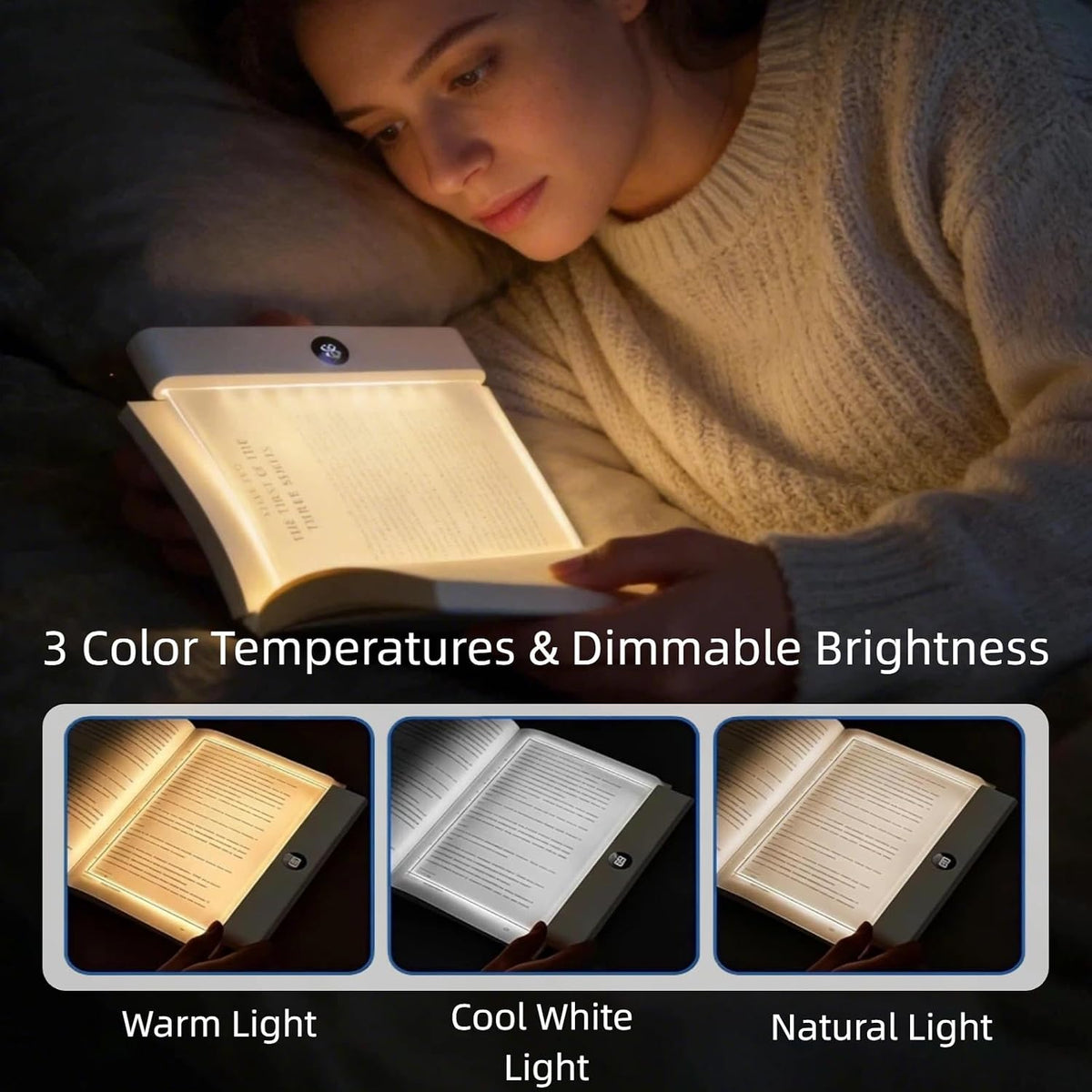 Rechargeable Flat Book Light with 3 Colors & Timer, Dimmable Book Page Light for Reading in Bed at Night, Portable Reading Light, Great for Adults and Book Lovers (White)