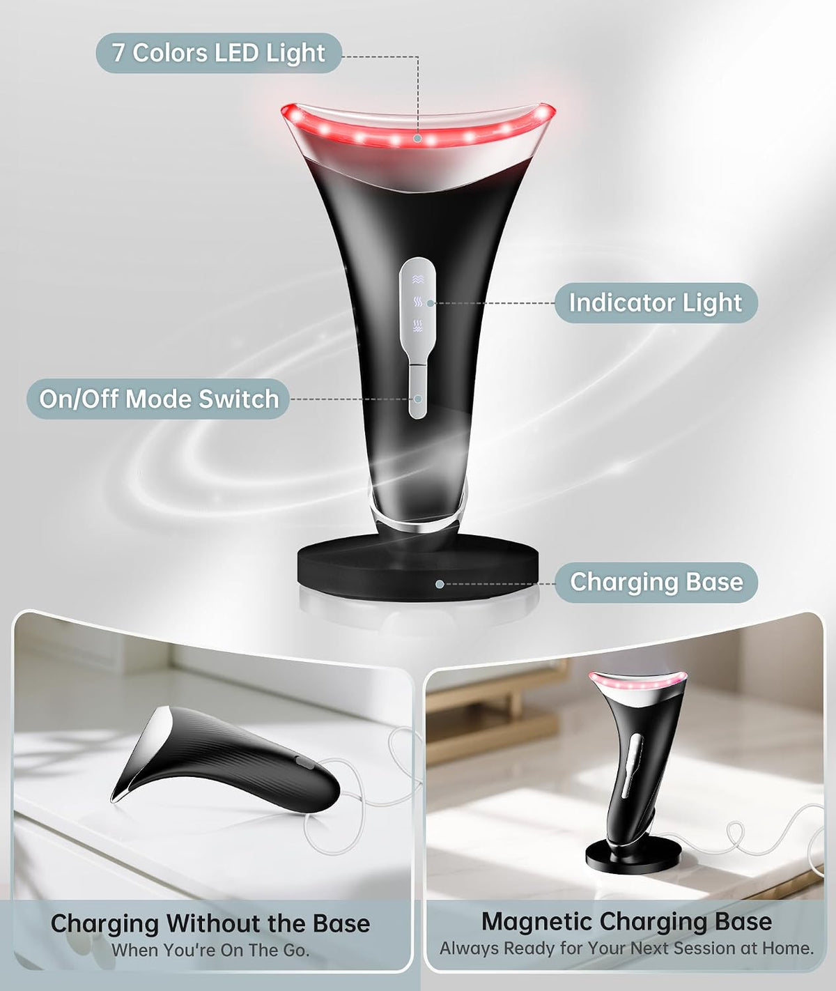Dopsikn 7 Color Galvanic Machines - Red Light Therapy for Face and Neck, Face Massager Tool for Wrinkles, Double Chin, Vibrating Facial Massager with Thermals, Pink