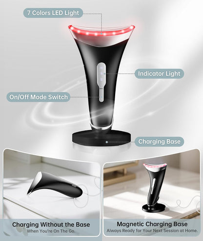 Dopsikn 7 Color Galvanic Machines - Red Light Therapy for Face and Neck, Face Massager Tool for Wrinkles, Double Chin, Vibrating Facial Massager with Thermals, Pink