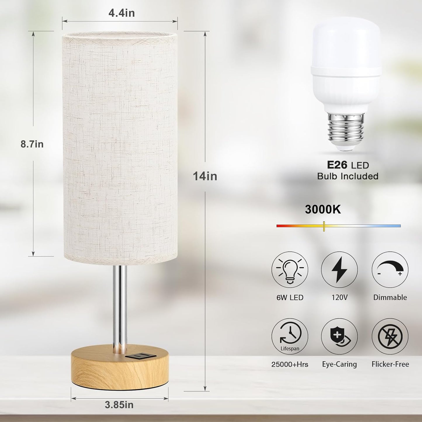 Dicoool Touch Bedside Table Lamp with USB - 3 Way Dimmable Wood Lamp for Bedroom Nightstand, Desk Lamp with Charging Station for Dorm, Living Room, Office, Kids Room, Small, 14in