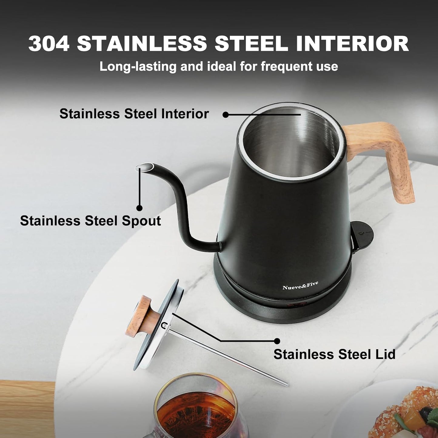 Nueve&Five Gooseneck Electric Kettle with Thermometer, Copper Tea Kettle with Auto Shut-Off,1000W Hot Water Kettle Electric of Stainless Steel,Electric Kettles for,Coffee & Tea