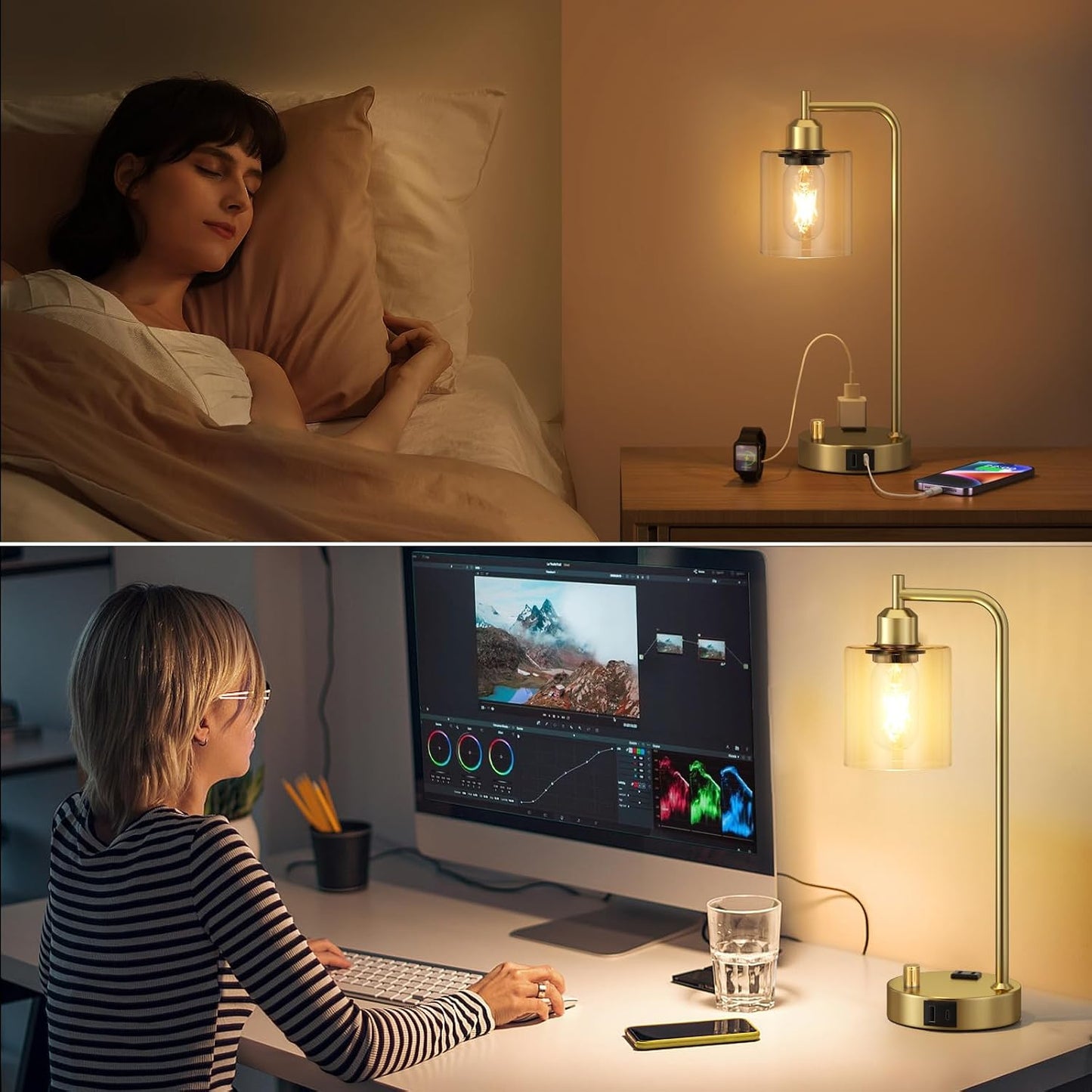 Industrial Table Lamps for Bedrooms Set of 2 - Fully Dimmable Bedside Lamps with USB A and C Ports and Outlet, Black Nightstand Lamps with Glass Shade for Living Room, Desk Lamps for Office Reading