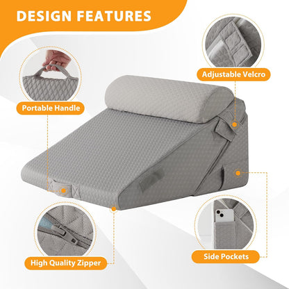 Ruqmuis Wedge Pillow Set for After Surgery, 3PCS Adjustable 9&12 Inch Bed Wedge Pillow for Sleeping, Incline Pillow Wedge for Headboard, Post Surgery, Acid Reflux, Neck&Back Support, White/Grey