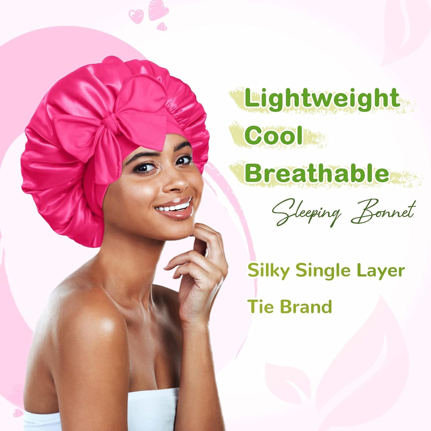 BONNET QUEEN Silk Bonnet for Sleeping for Women Satin Bonnet Night Cap for Curly Hair with Tie Band, Single Layer, Cream Pink