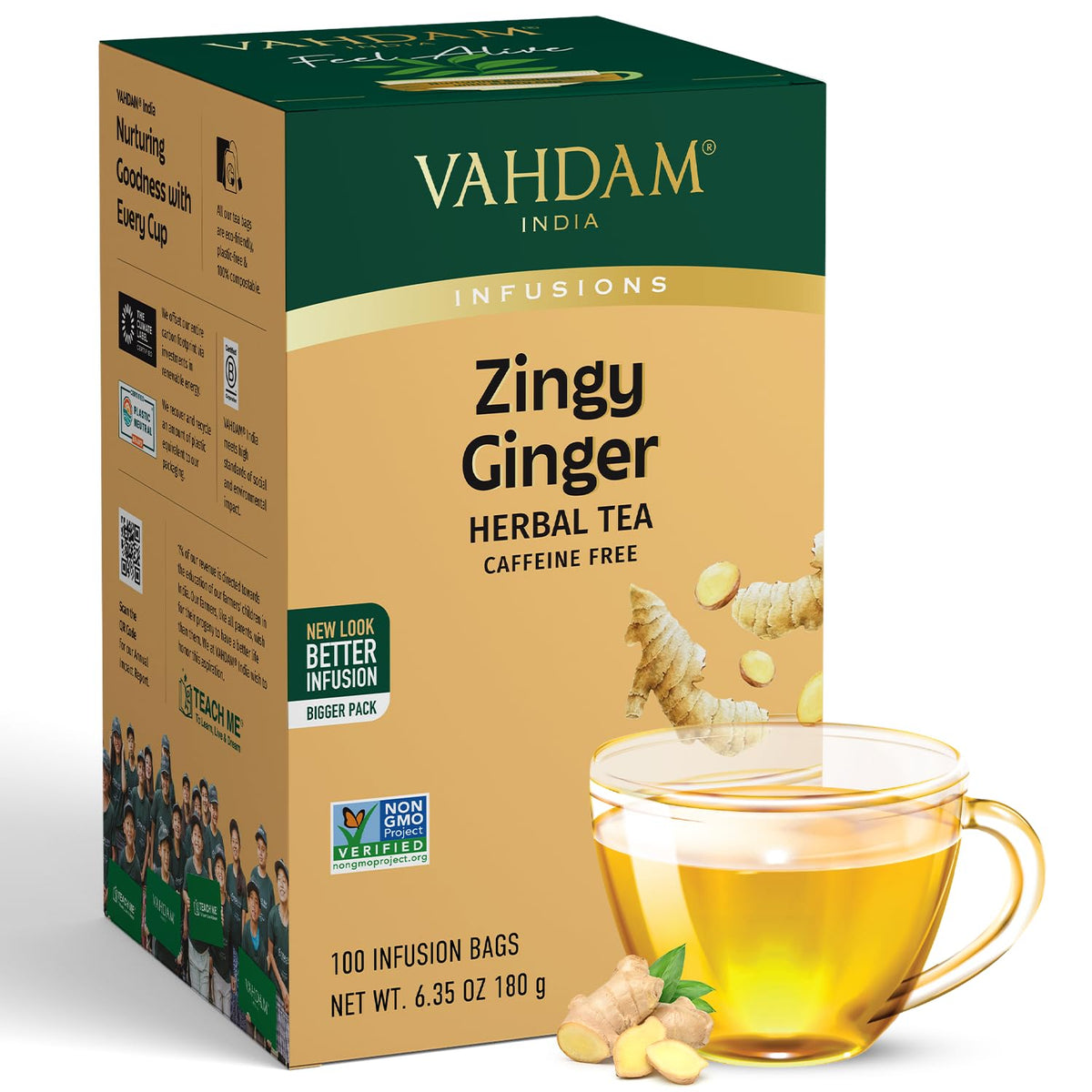 VAHDAM Ginger Tea (100 Teabags) Caffeine Free Herbal Tea |Value Pack