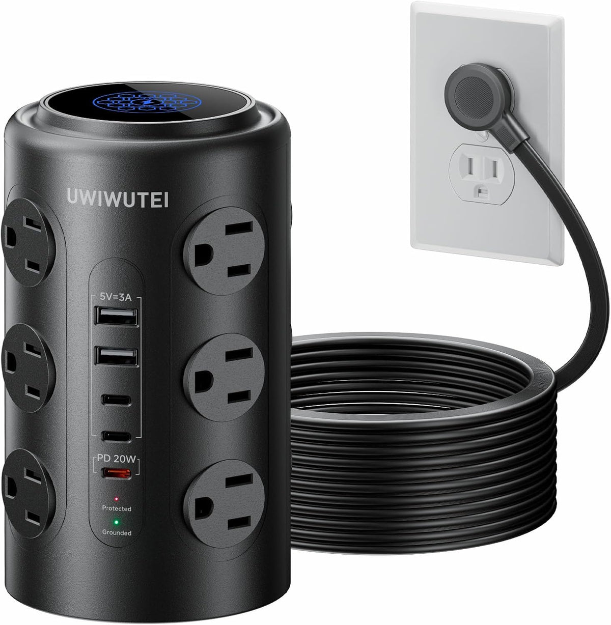 10FT Tower Power Strip with Dedicated 20W PD USB-C Port