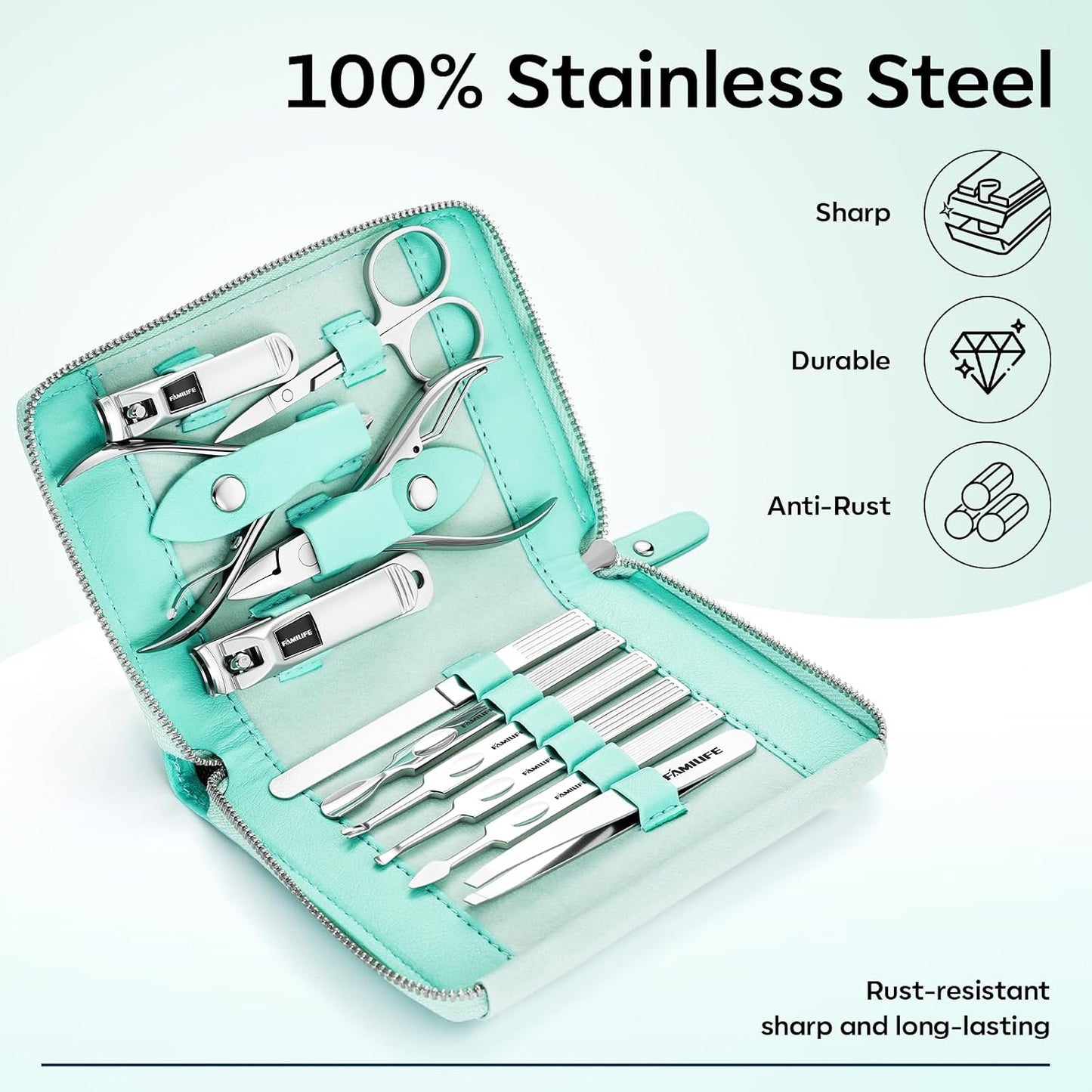 FAMILIFE Gifts for Women, Manicure Set Professional Manicure Kit 11 in 1 Nail Kit Nail Clippers Tools Stainless Steel with Rose Gold Leather Case Travel Sets