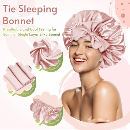 BONNET QUEEN Silk Bonnet for Sleeping for Women Satin Bonnet Night Cap for Curly Hair with Tie Band, Single Layer, Cream Pink