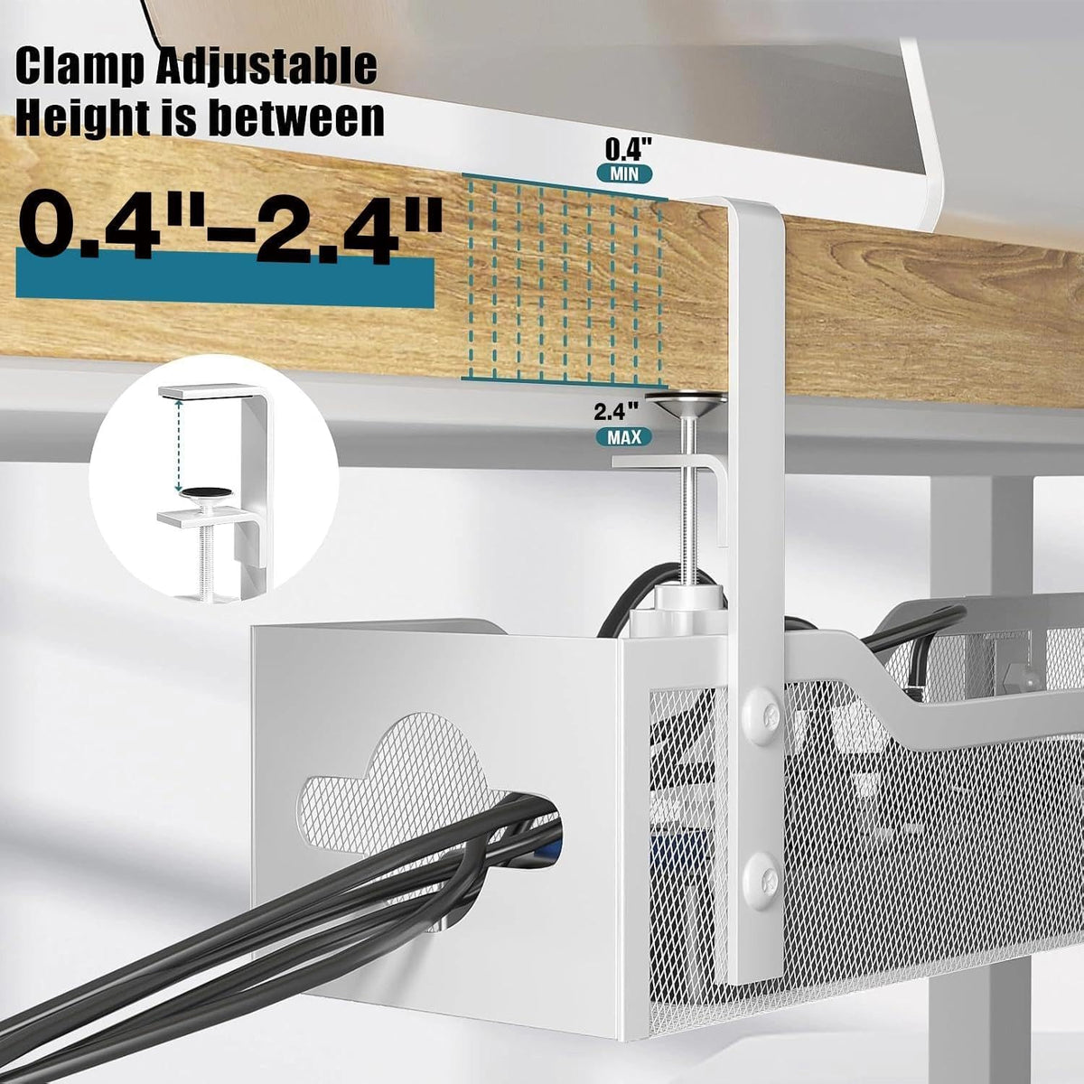 Under Desk Cable Management Tray No Drill, Metal Mesh Cable Management Under Desk with Clamp Mount, 2 Hole Cable Tray with Wire Management and Cord Organizer for Home Office Standing Desk