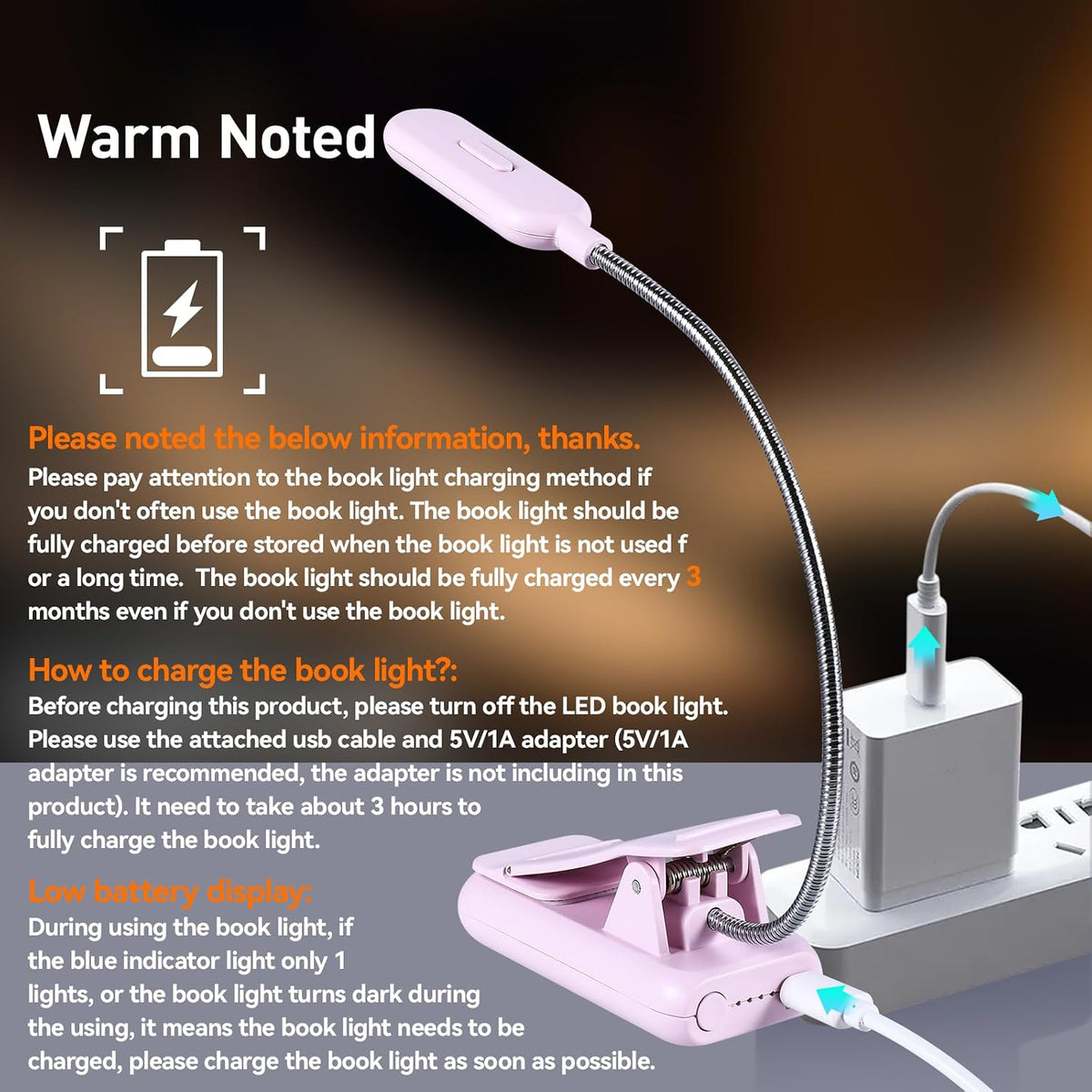 VAVOFO Amber Rechargeable Reading Light, Blue Light Blocking Book Light, 7 LEDs Eye Care 9 Colors 9 Brightness Clip On for Kids Bookworms Reading in Bed with Power Indicator Lasting 70h (Black)