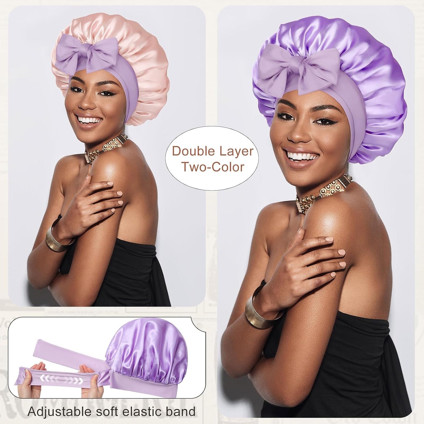 Satin Bonnet for Sleeping Cap Double Layer Hair Bonnet with Elastic Tie Band for Curly Hair Night Cap (Bean Paste + Pink)