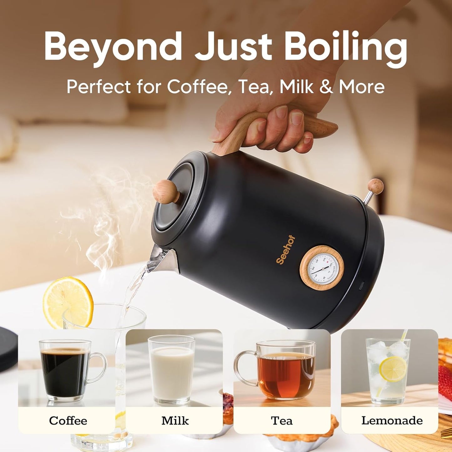 Seehot® Electric Kettle With Thermometer, 1.7L Electric Tea Kettle, 1200W Hot Water Kettle Electric, Auto Shutoff, Boil-Dry Protection, 304 Stainless Steel, Cordless Base, Black