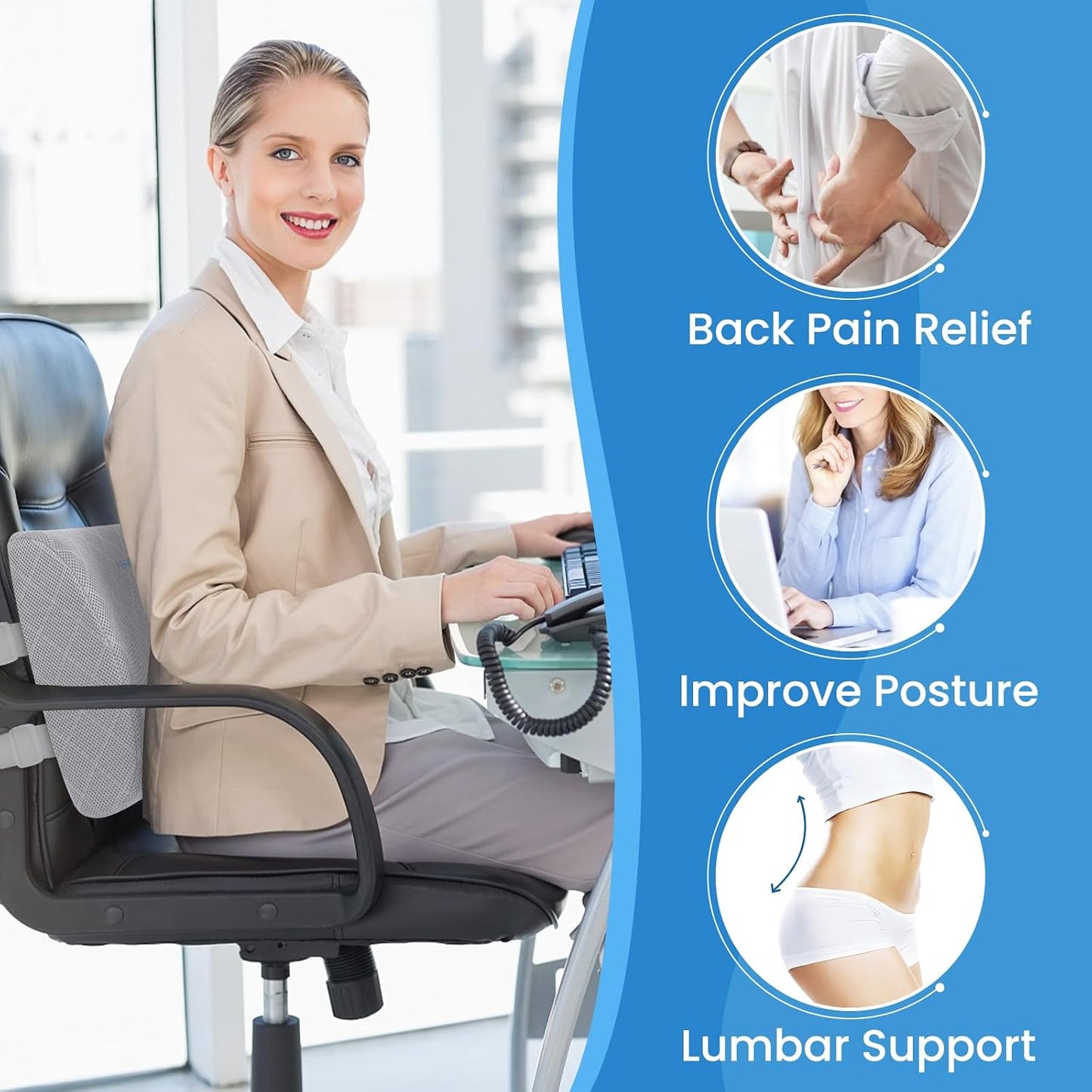Lumbar Support Pillow for Office Chair Back Support Lumbar Pillow for Car, Gaming, Office Chair - Improve Sitting Posture & Back Pain Relief, Memory Foam, Adjustable Straps, Grey