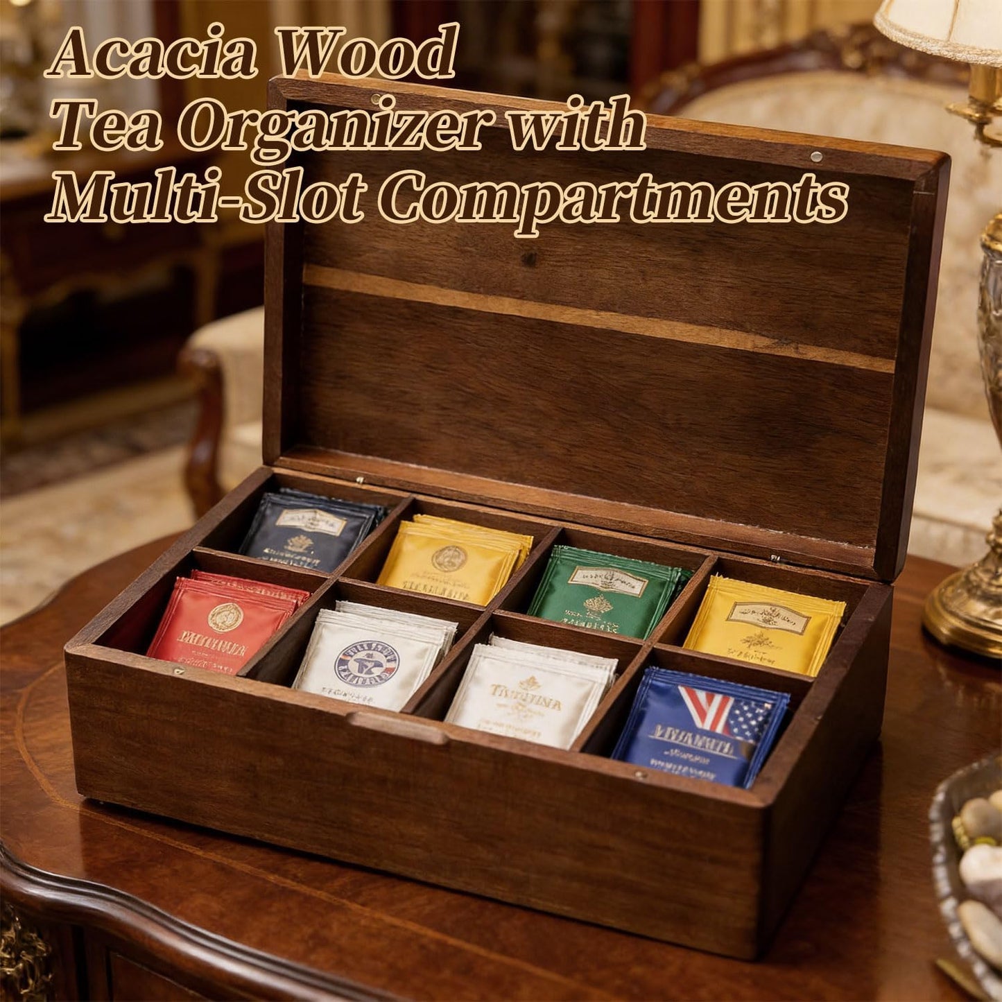 Acacia Wood Tea Bag Organizer with Compartments, Tea packet Storage Boxes & Display Caddy, Multi-Slot Teabag Holder Container Chest for Countertop, Organizador de Té
