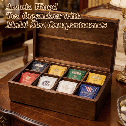 Acacia Wood Tea Bag Organizer with Compartments, Tea packet Storage Boxes & Display Caddy, Multi-Slot Teabag Holder Container Chest for Countertop, Organizador de Té
