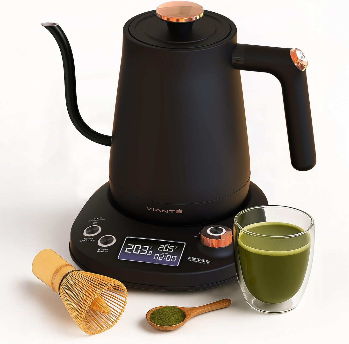 Viante Alba Electric Tea Kettle with Infuser, No Plastic In Contact With Water, 1.5L Borosilicate Glass, 304 Stainless Steel, 4 Temperature Presets, Keep Warm, Cordless, Auto Shut-Off