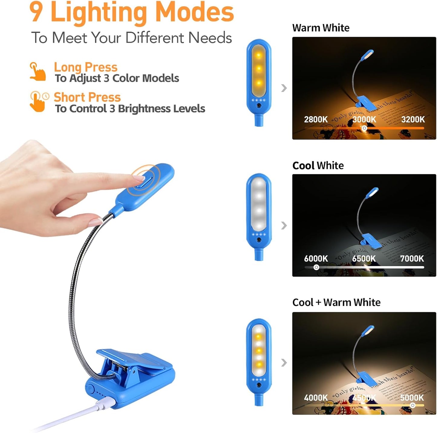 VAVOFO Clip On Book Light for Bed Kids, 7 LED Reading Light with 9-Level Warm Cool White Daylight, Eye Care Lamp with Power Indicator for Bookworms (Blue)